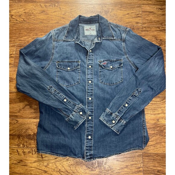 Hollister Other - Hollister Western Shirt Mens Sz XL Faded Blue Denim Pearl Snap Cowboycore Y2K